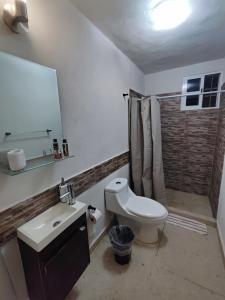 a bathroom with a toilet and a sink and a shower at Cancun Property 6 personas in Cancún