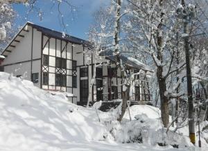 a house covered in snow with trees in front of it at Chalet Myoko in Myoko