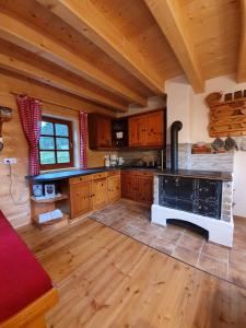 a large kitchen with wooden cabinets and a stove at Almhütte Prem2 in Ramingstein