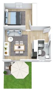 オストゼーバート・ディアーハーゲンにあるFerienwohnung Lee Ost 2 2のリビングルーム付きの客室のフロアプラン +4枚の写真