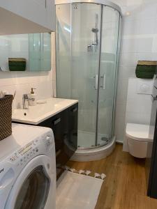 eine Waschmaschine im Bad mit Dusche in der Unterkunft La cabine de Léontine in La Baule