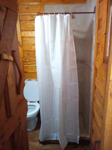 La salle de bains est pourvue de toilettes et d'un rideau de douche blanc. dans l'établissement Cabaña Via Verde, à Tandil