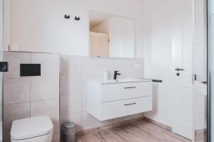 ein weißes Badezimmer mit Toilette und Waschbecken in der Unterkunft Reethus Reethus 2 in Born + 14 Fotos