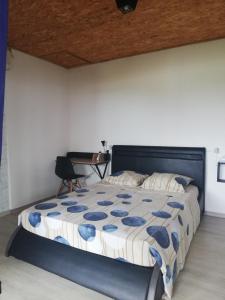 a bedroom with a bed with a blue and white comforter at LE FRUIT A PAIN in Saint-Joseph