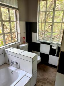 a bathroom with a sink and a toilet and windows at Tucked-Away 1,2,3,bedroom houses in Nelspruit