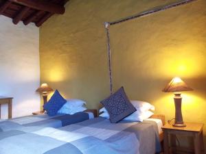 una camera con 2 letti con cuscini blu di Thikalna Himalayan Retreat ad Almora