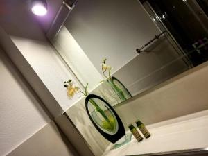 ein Spiegel auf einem Regal mit einer Pflanze darauf. in der Unterkunft Lutz Motel in Paderborn