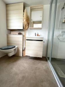 a bathroom with a toilet and a sink and a shower at CAMPING GALLINA VARJA in Sotta