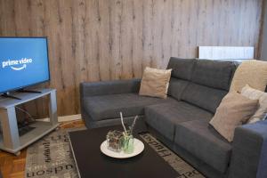 a living room with a couch and a tv at Estudio Estación Manzaneda in Puebla de Trives