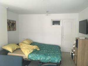 1 dormitorio con 1 cama con manta verde en Les studios de Philibert, en Figeac
