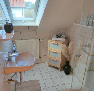 y baño con lavabo y ducha. en Ferienwohnung Schwalbennest am Igelsbachsee en Absberg
