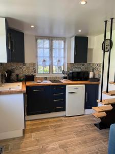 a kitchen with black cabinets and a white refrigerator at Le Mas De Retheuil in Retheuil