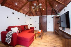 a living room with a red couch and a flat screen tv at Traditional Canary Cottage in Masca in Masca