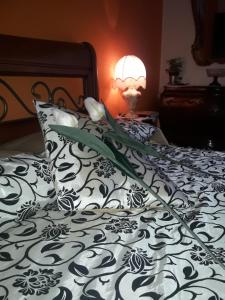 フィレンツェにあるAppartamento Jadeのベッド(白黒の毛布、ランプ付)