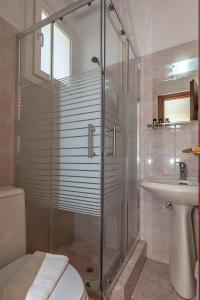 a bathroom with a shower and a toilet and a sink at Hotel Alkyon in Alexandroupoli