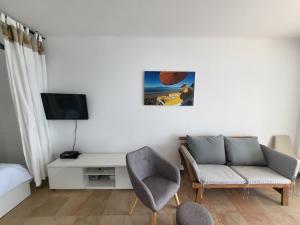 Una sala de estar con un sofá y un televisor en LE COLOMBIER STUDIO, en Antibes 11 fotos más