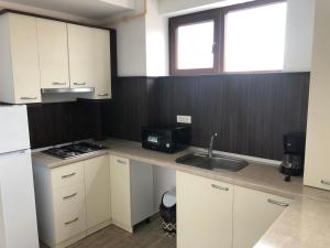 a kitchen with white cabinets and a sink at REYNA APART HOTEL in Constanţa
