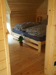 een slaapkamer met een bed in een houten hut bij Bochenówka in Rogowo