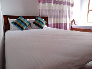 a white bed with two pillows and a window at Saubagya Residence - Air Port View in Anuradhapura