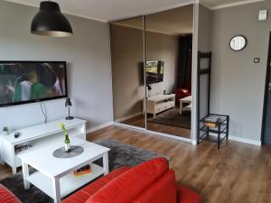 sala de estar con sofá rojo y espejo grande en Apartament Parkowa Szczecin Polska, en Szczecin