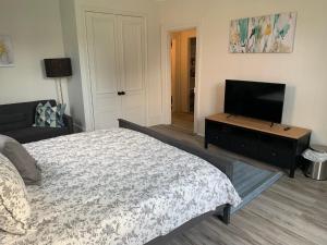 um quarto com uma cama e uma televisão de ecrã plano em County Cove - Picton Suite em Wellington