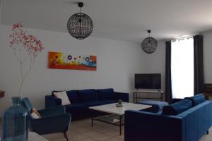 ein Wohnzimmer mit einem blauen Sofa und einem Tisch in der Unterkunft La Bâtie - Terrasse avec Vue imprenable sur le Rhône, 3 chambres, 3 salles de bain in Tain-lʼHermitage