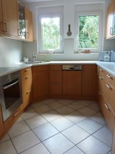 a kitchen with wooden cabinets and a sink and two windows at Ferienwohnung "Schön Wohnen in Mainz" in Mainz