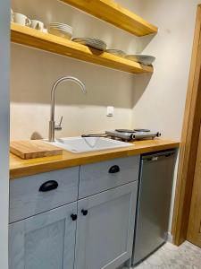 a kitchen with a sink and a counter top at Pepper Tree in Egina