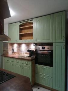 cocina con armarios verdes y horno en À 10min de la Croisette, bas de Villa Piscine Chauffée, en Le Cannet