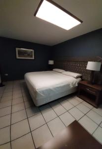 um quarto com uma cama grande e uma luz no tecto em Hotel el Cortes em Aguascalientes