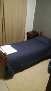 1 dormitorio con cama azul y edredón azul en Nothofagus en Caviahue