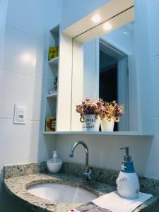 um balcão de casa de banho com um lavatório e um espelho em Apt Familiar-Condomínio fechado UBATUBA em Ubatuba
