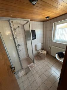 La salle de bains est pourvue d'une douche et de toilettes. dans l'établissement Ferienwohnung Frankenhof, à Bad Steben