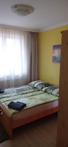 Cama en habitación con ventana y cama sidx sidx en Aqua-Vital Prémium Apartmanok, en Hajdúszoboszló