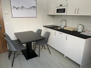 cocina con mesa, sillas y fregadero en Apartmán v Koutech en Kouty