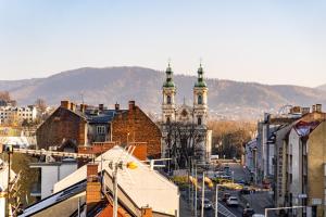 vista su una città con edifici e chiesa di Apartamenty Nad Niwką a Bielsko-Biała