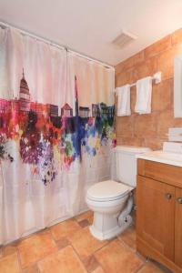 a bathroom with a toilet and a shower curtain at Cathedral Charmer--2 BR English Basement, with Garden Access in Washington