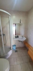 ein Badezimmer mit Dusche, Toilette und Waschbecken in der Unterkunft Novi Escape 2 Beachfront 4 Star Apartment in Novi Vinodolski