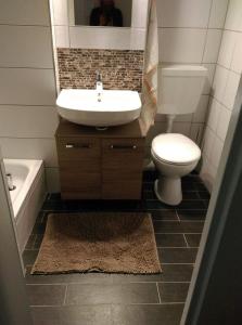 ein Badezimmer mit einem Waschbecken, einem WC und einem Spiegel in der Unterkunft Wohlfühlort in Zwenkau