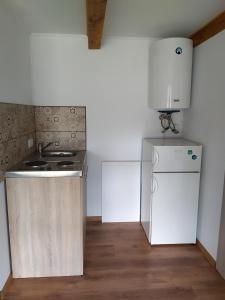 a small kitchen with a sink and a refrigerator at Na Piaskach Domek nad rzeką Agroturystyka in Narol