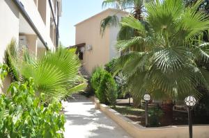 einen Innenhof mit Palmen und ein Gebäude in der Unterkunft Akasia Resort Hotel in Beldibi