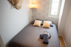 ein kleines Schlafzimmer mit einem Bett mit zwei Kissen und einem Fenster in der Unterkunft 4 pers centre-ville / 300M Plage in Royan