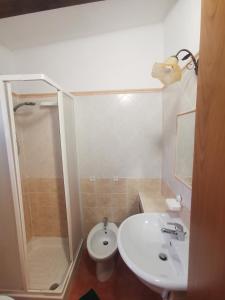 a bathroom with a shower and a sink and a toilet at Le Casette di Nino in Marina di Camerota