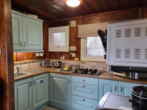 a kitchen with blue cabinets and a sink and a microwave at Indigo Lodge - Aberdovey in Aberdyfi