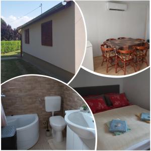 four pictures of a bathroom with a table and a bath tub at GuniLak Gunaras in Dombóvár
