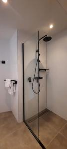 - une douche avec une porte en verre dans la chambre dans l'établissement Auberge A gen Kirk B&B, à Vijlen