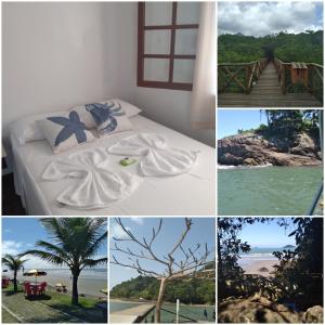 eine Collage mit Fotos mit einem Bett und einem Strand in der Unterkunft Suíte Caiçara in Peruíbe