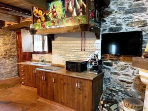 cocina con encimera con microondas y TV en Casa Folibar - Desconexión en plena naturaleza - Valle del Silencio, en Manzanedo de Valdueza