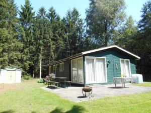 eine kleine grüne Hütte mit einem Tisch und einem Grill in der Unterkunft T Zommerhuuske in De Lutte