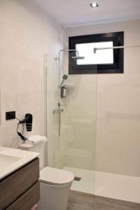 La salle de bains est pourvue de toilettes et d'une douche en verre. dans l'établissement Alojamientos Lola, Suite con jacuzzi, à Benalup-Casas Viejas